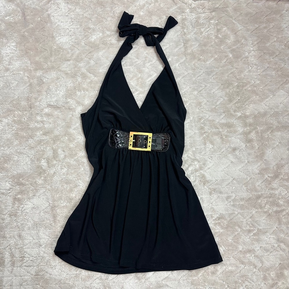 Kiwi Women Black Halter Top Y2K Faux Croc Buckle Empire Waist V-Neck Size M